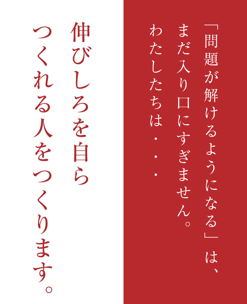 「問題が解けるようになる」は、まだ入り口にすぎません。わたしたちは・・・伸びしろを自らつくれる人をつくります。